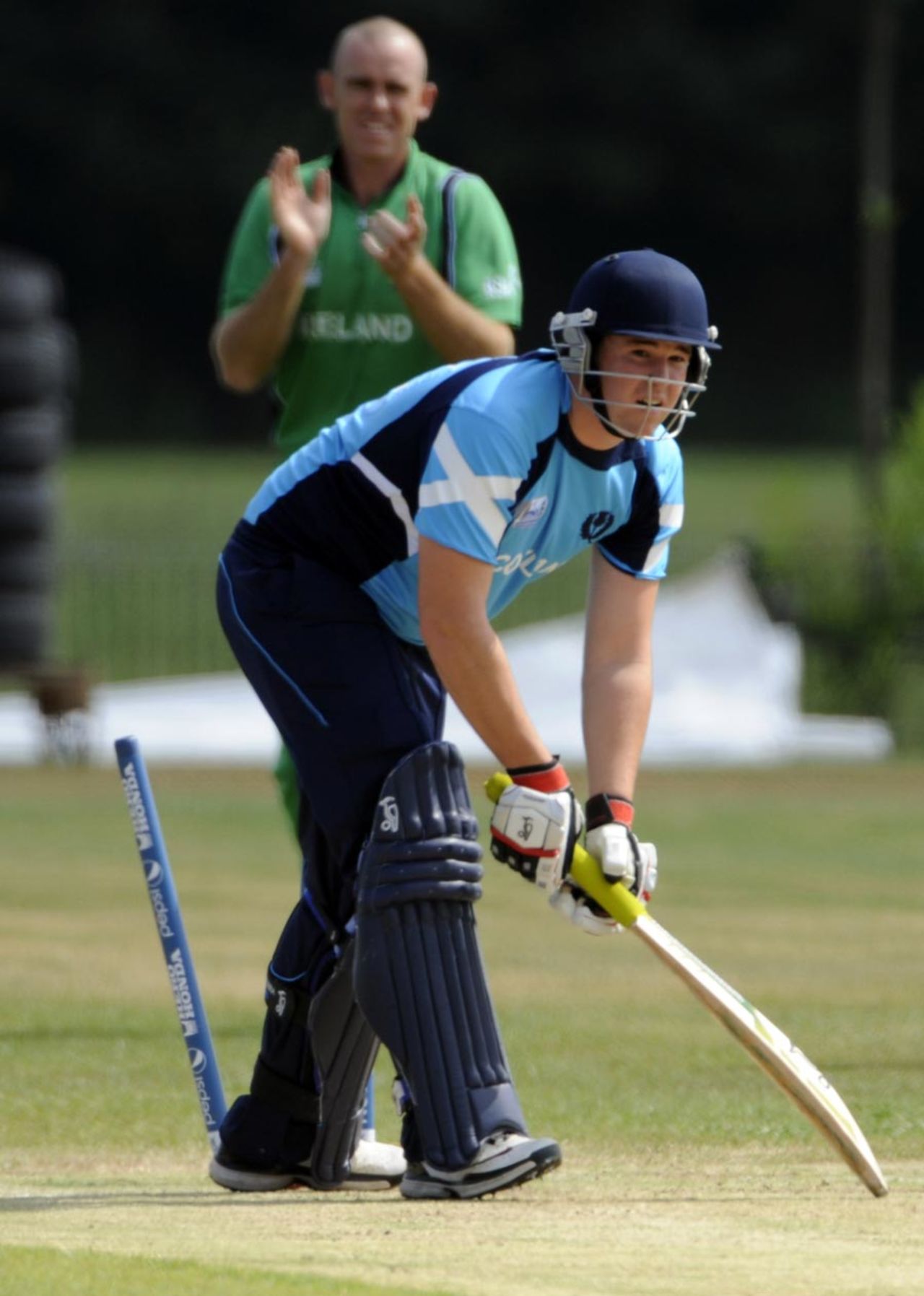 Scotland's Ollie Hairs is comprehensively bowled, Ireland v Scotland, ICC WCL Division 1, Voorburg, July 5, 2010