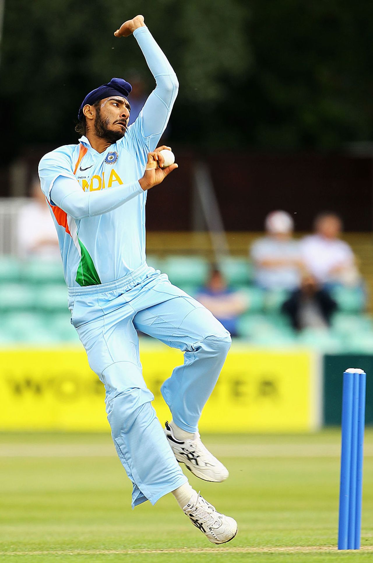 Jaskaran Singh bowls for India A, England Lions v India A, A Team Tri-series, Worcester, July 6, 2010 