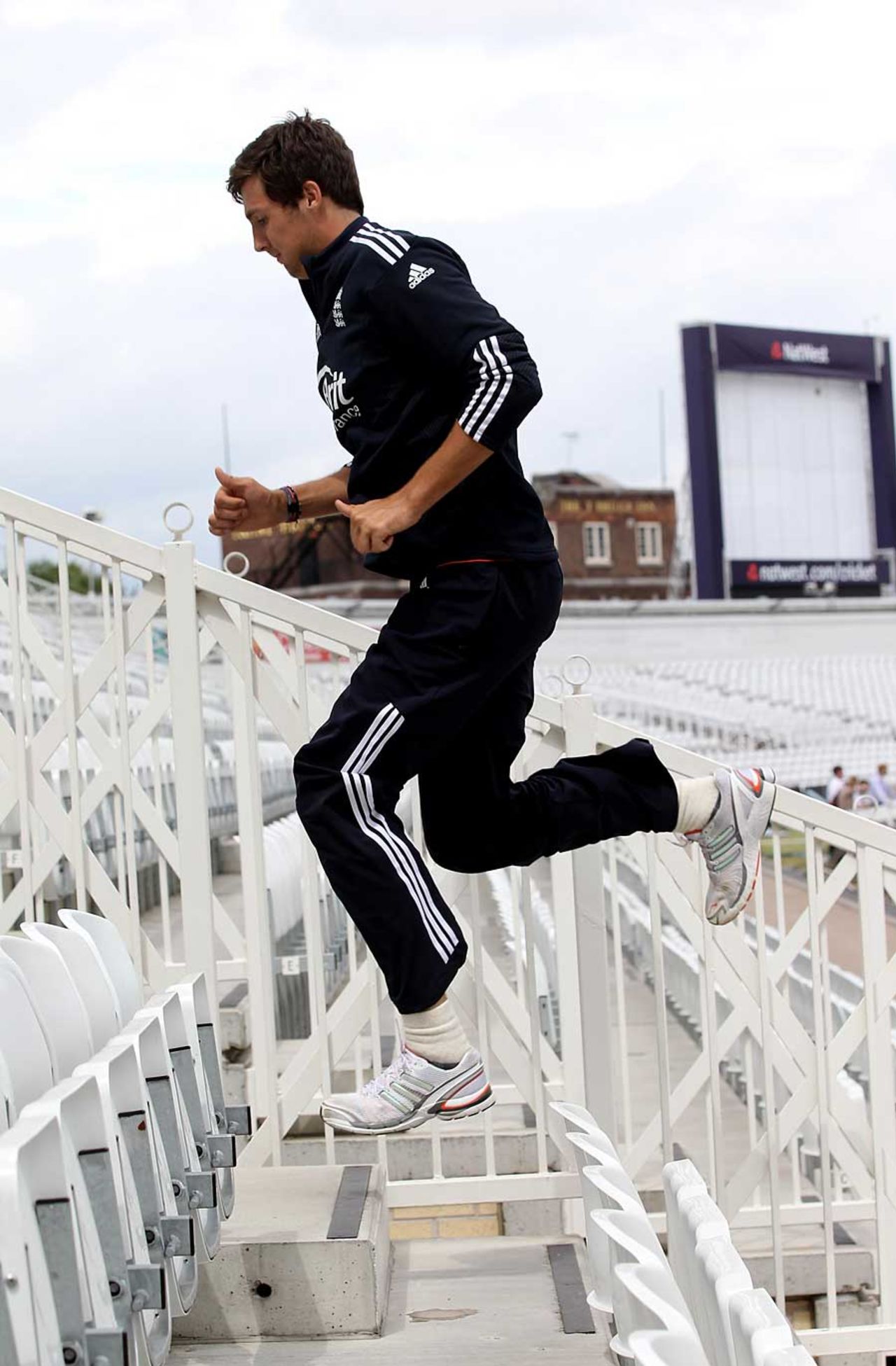 Steven Finn leaps up steps during England's training session, Trent Bridge, July 7, 2010