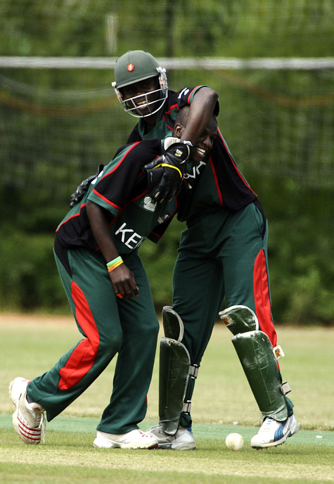 James Ngoche is hugged by Maurice Ouma, Kenya v Scotland, ICC WCL Division 1, Rotterdam, July 7, 2010