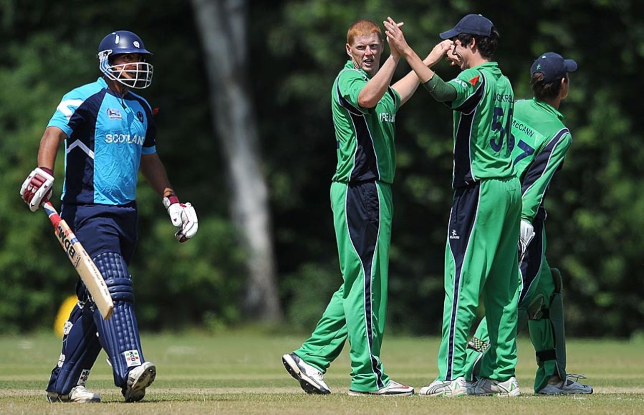 Kevin O'Brien celebrates the wicket of Omer Hussain, Ireland v Scotland, ICC World Cricket League Division 1 final, Amstelveen, July 10, 2010