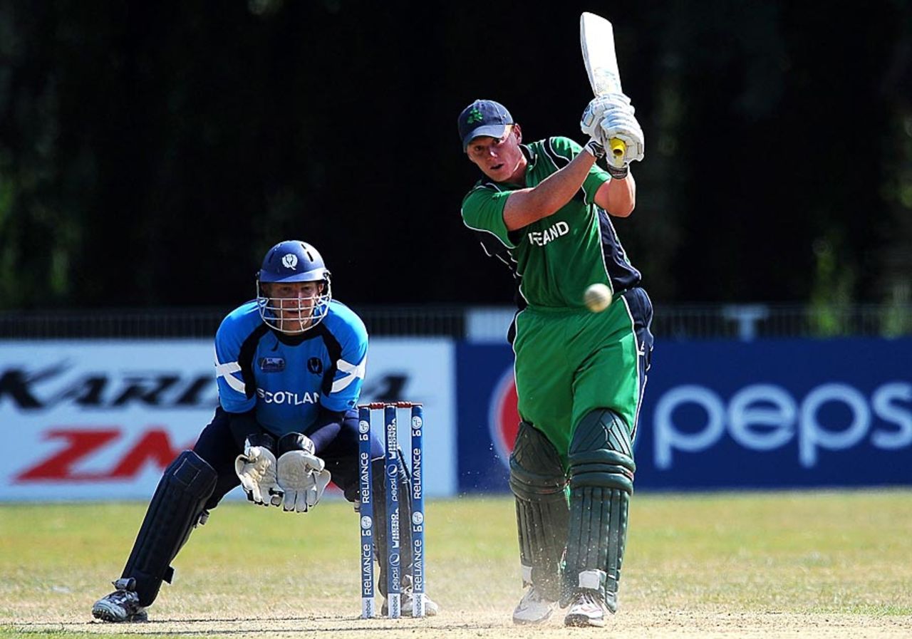 Kevin O'Brien thumps one down the ground, Ireland v Scotland, ICC World Cricket League Division 1 final, Amstelveen, July 10, 2010