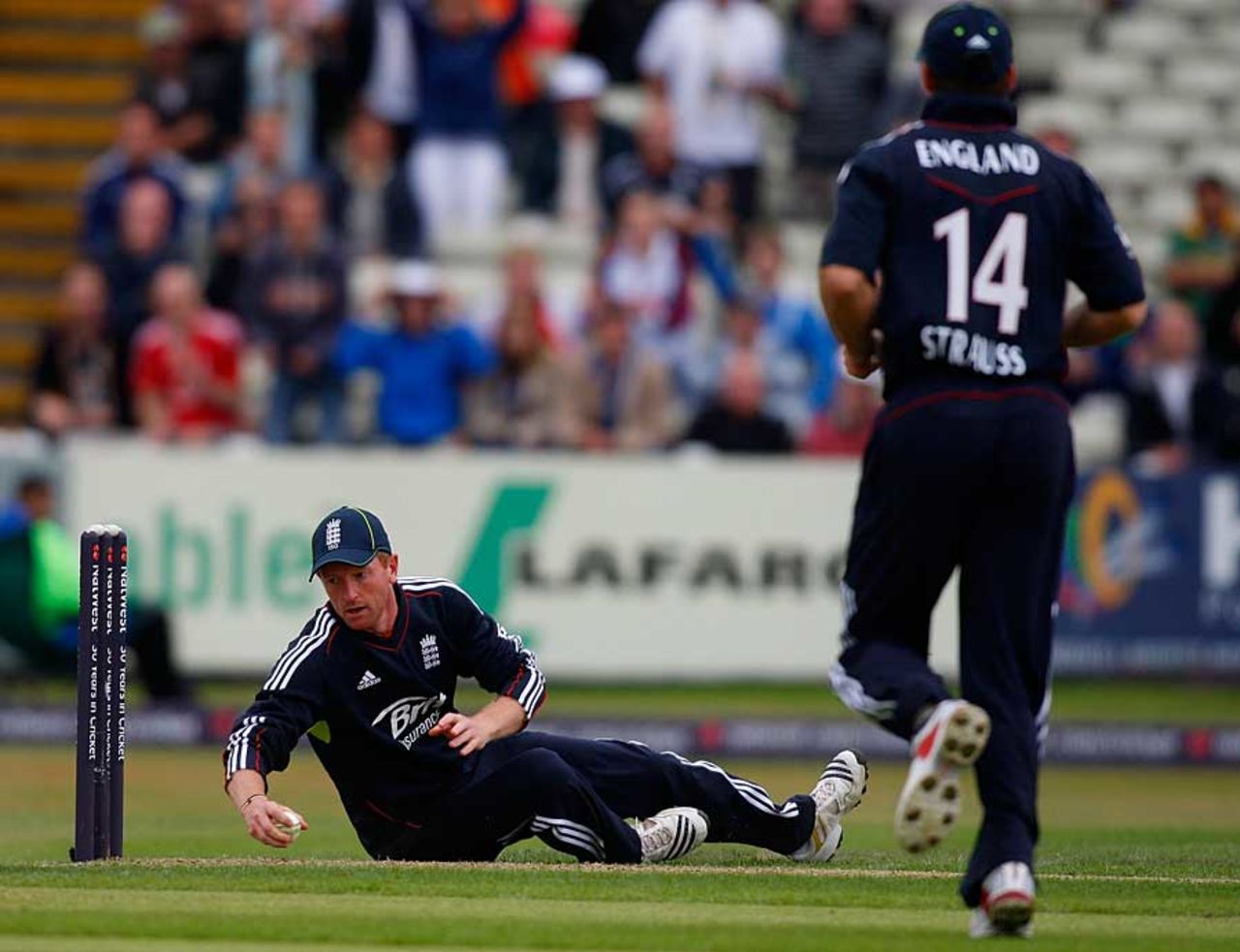Paul Collingwood completes a run-out while sprawled on the ground, England v Bangladesh, 3rd ODI, Edgbaston, July 12, 2010