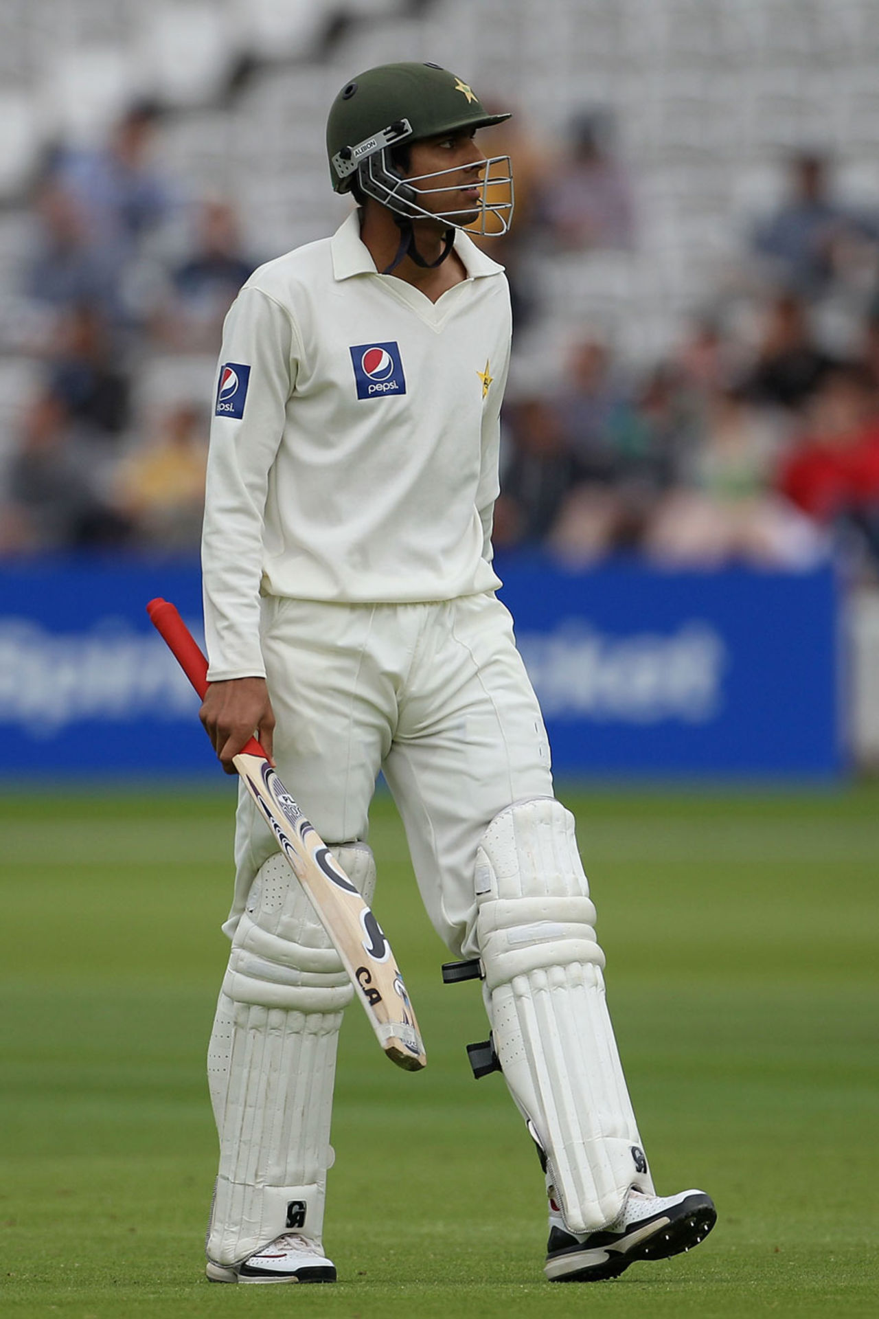 Umar Amin troops off after being caught behind off Mitchell Johnson for 1, Pakistan v Australia, 1st Test, Lord's, July 14, 2010