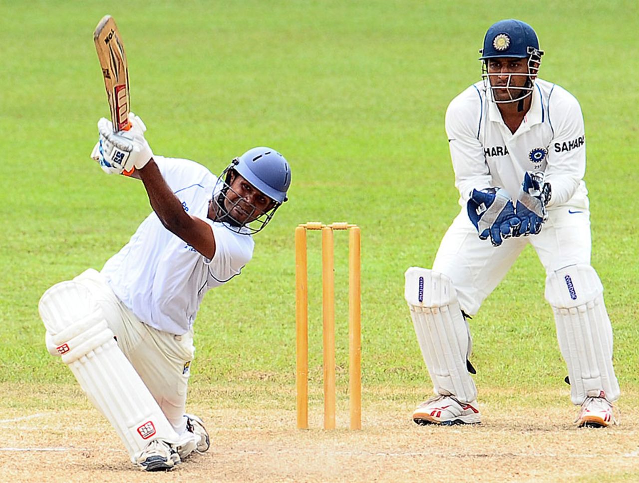 Lahiru Thirimanne goes over the top during his 102, Sri Lanka Board President's XI v Indians, 3rd day, Colombo, July 15, 2010 