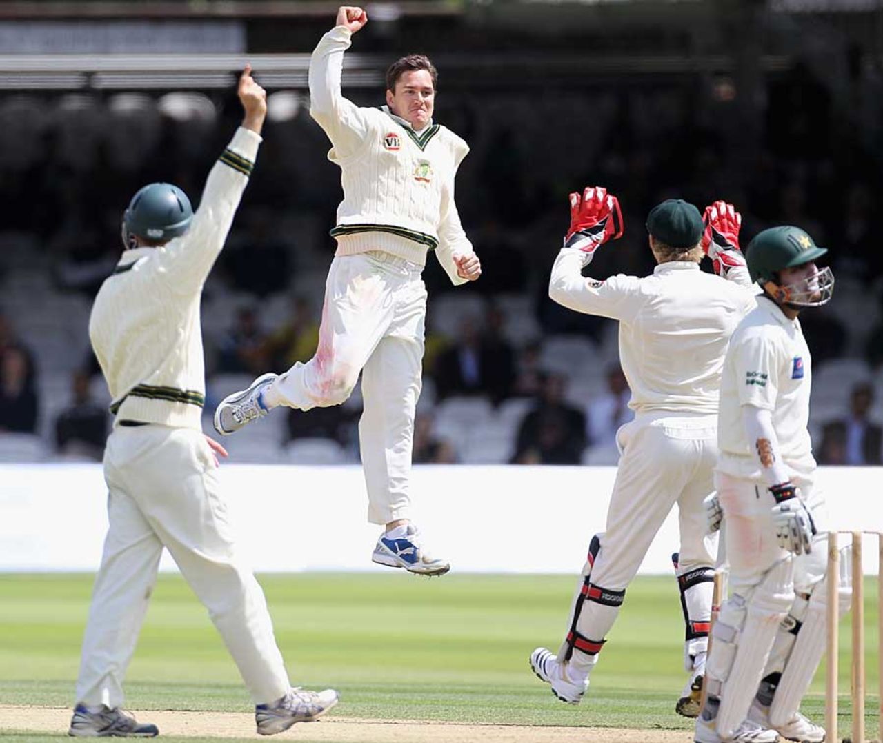Marcus North jumps for joy after removing Umar Akmal, Pakistan v Australia, 1st Test, Lord's, July 16, 2010