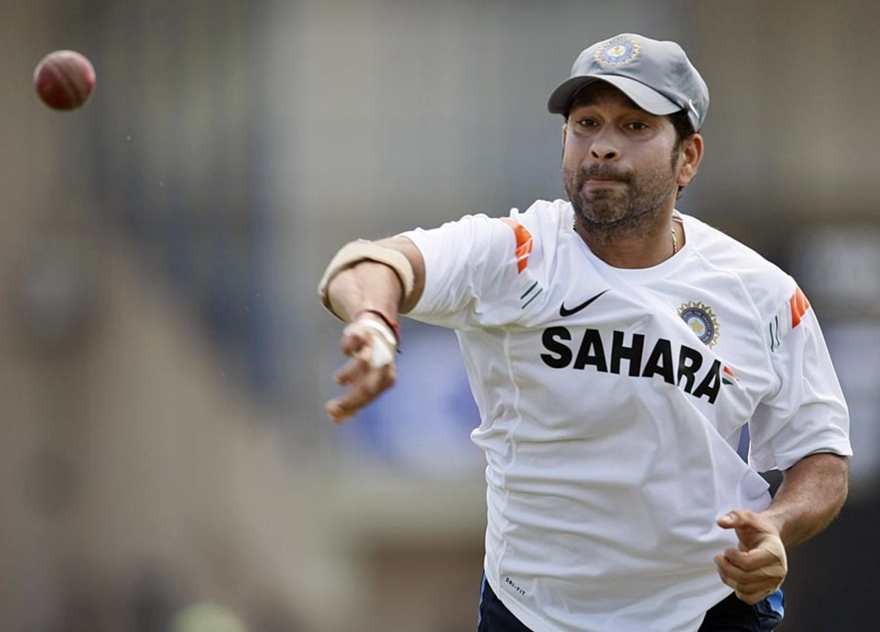 Sachin Tendulkar throws the ball during a training session, Galle, July 17, 2010