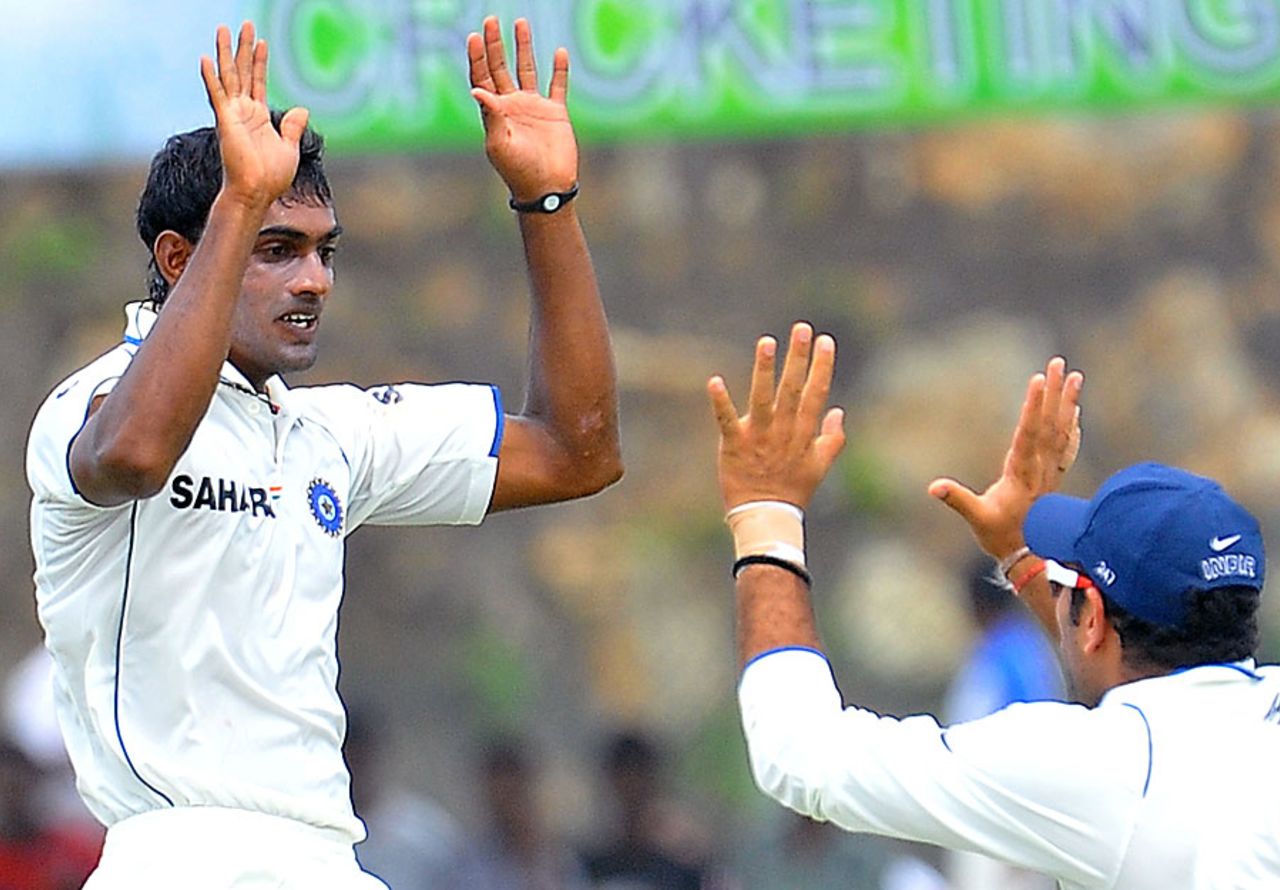 Abhimanyu Mithun celebrates his first wicket in Tests, Sri Lanka v India, 1st Test, Galle, 1st day, July 18, 2010