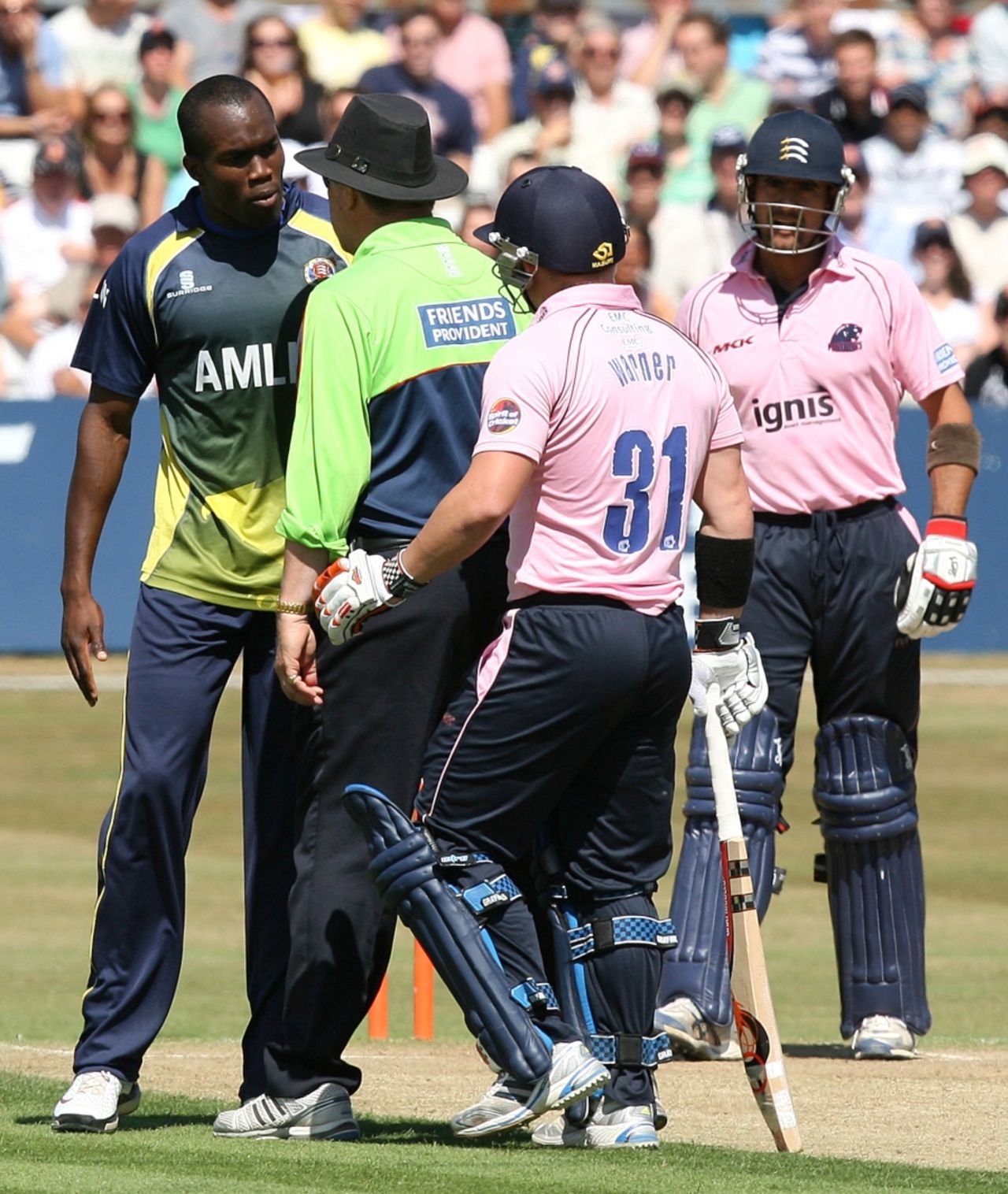 The umpire had to intervene in a spat between Maurice Chambers and David Warner, Essex v Middlesex, Friends Provident t20, Chelmsford, July 18, 2010