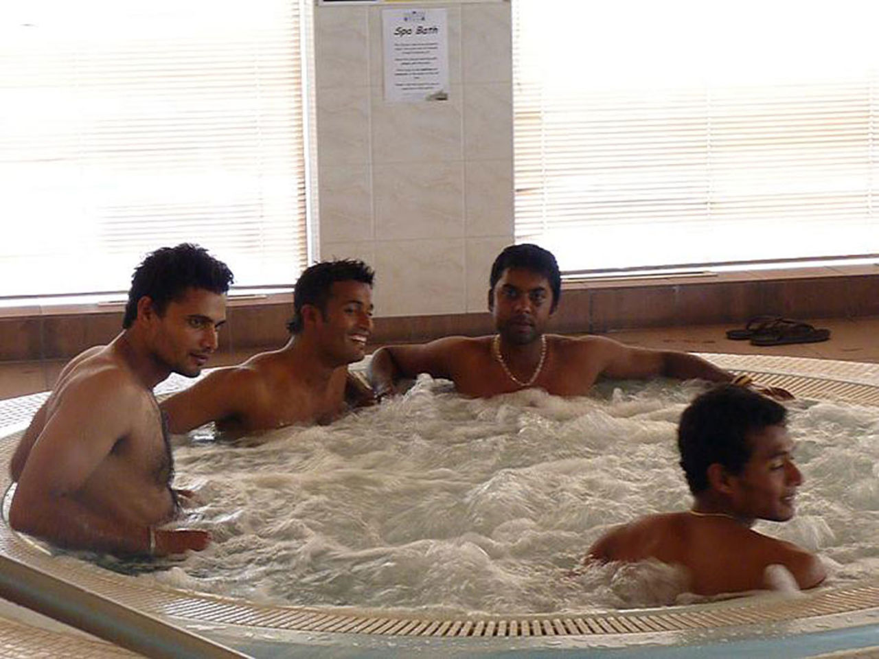 The Bangladesh pace bowlers coo off in the jacuzzi after practice in Glasgow, July 18, 2010