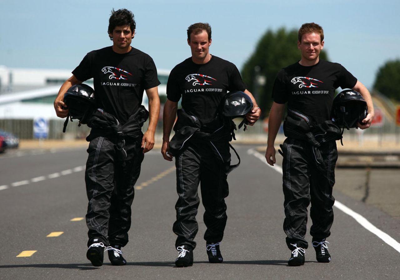 Alastair Cook, Andrew Strauss and Eoin Morgan at the Jaguar test track in Warwickshire, July 19, 2010