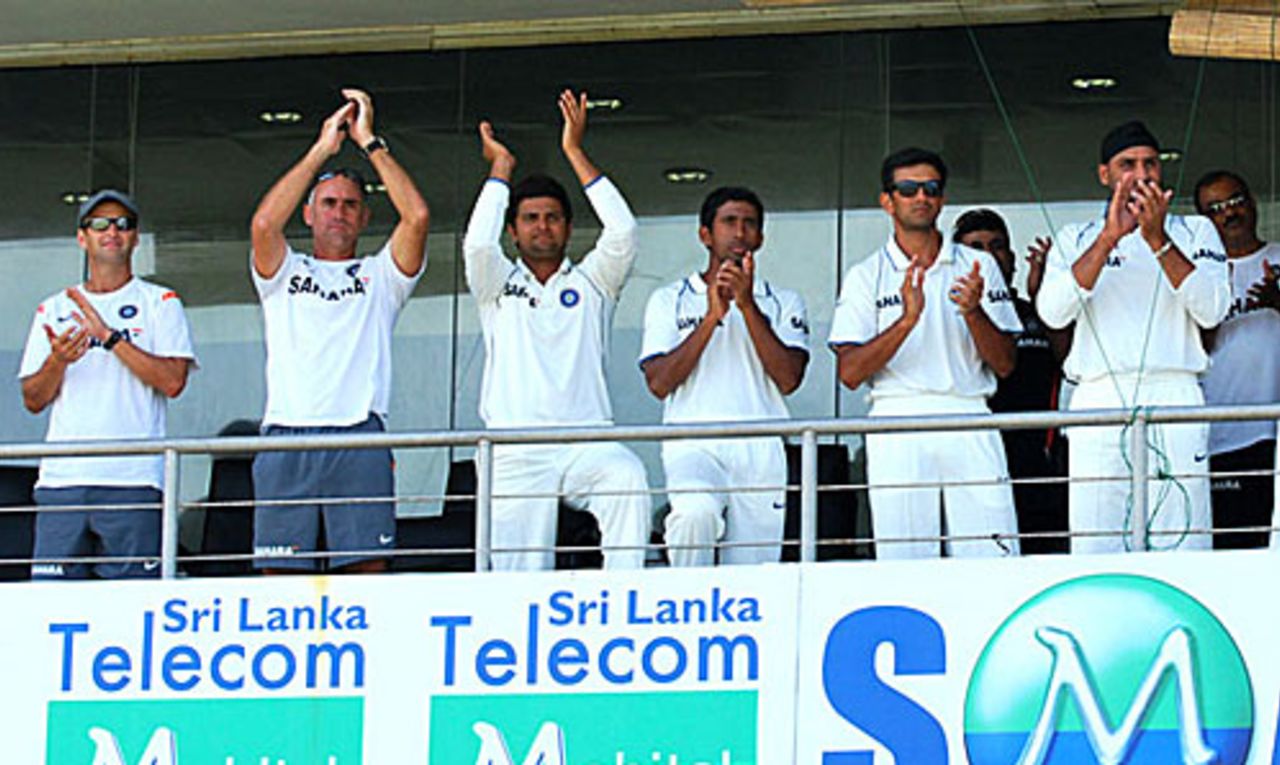 The Indian contingent applaud Muttiah Muralitharan's feat, Sri Lanka v India, 1st Test, Galle, 5th day, July 22, 2010