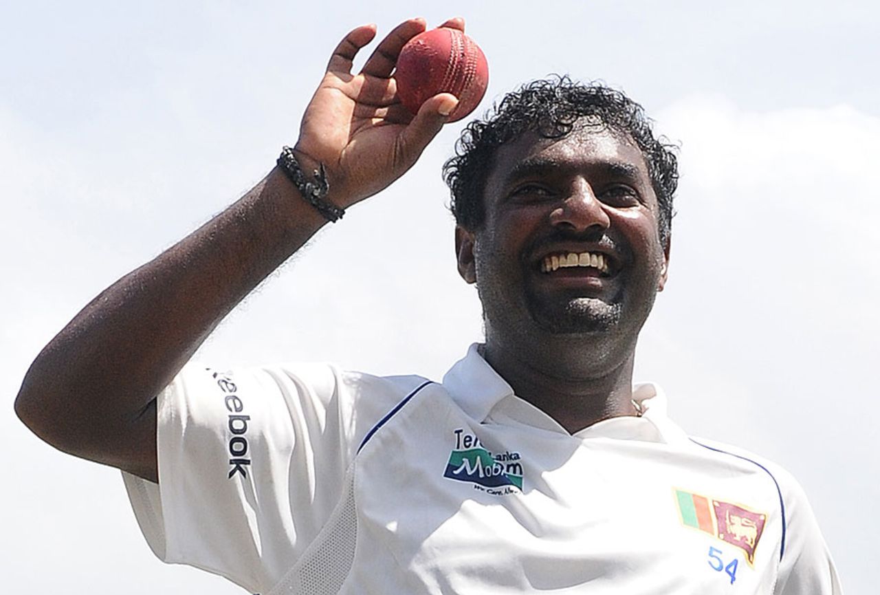 Muttiah Muralitharan salutes the crowd with the ball that fetched him his 800th wicket, Sri Lanka v India, 1st Test, Galle, 5th day, July 22, 2010