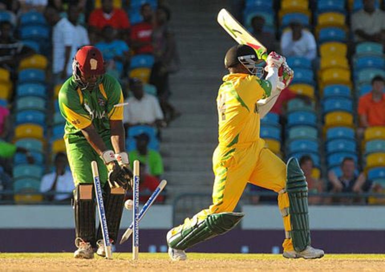 Donwell Hector is bowled, Guyana v Windward Islands, Caribbean T20, 3rd match, July 23, 2010