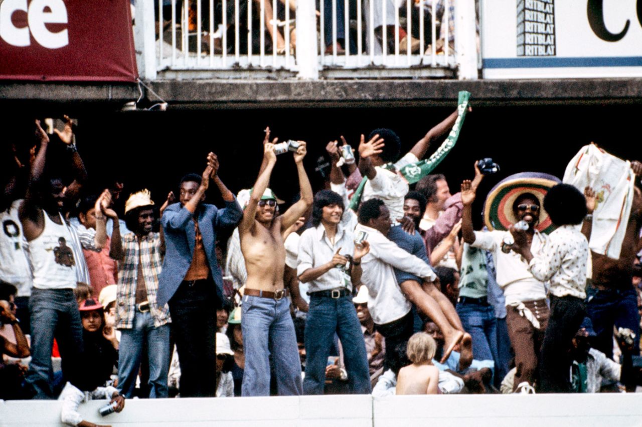 West Indies fans celebrate the fall of an Australian wicket, Australia v West Indies, World Cup final, Lord's, June 21, 1975