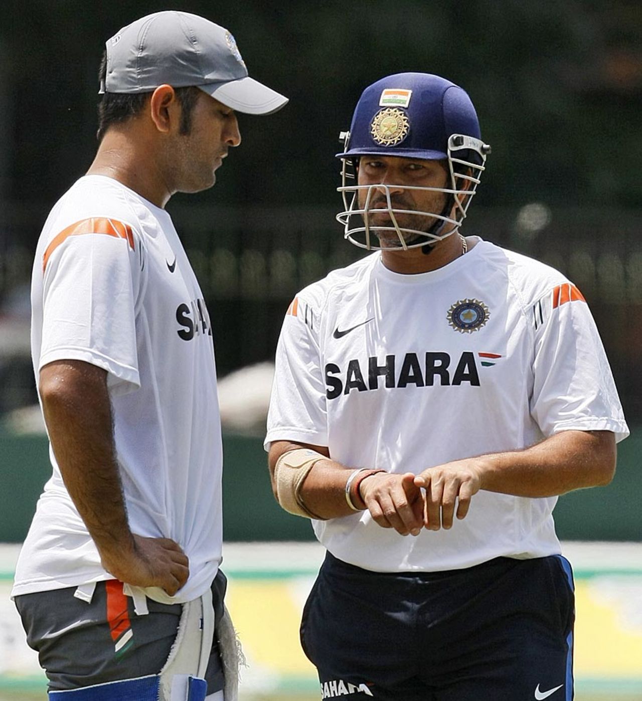 MS Dhoni and Sachin Tendulkar at a practice session, Colombo, July 25, 2010