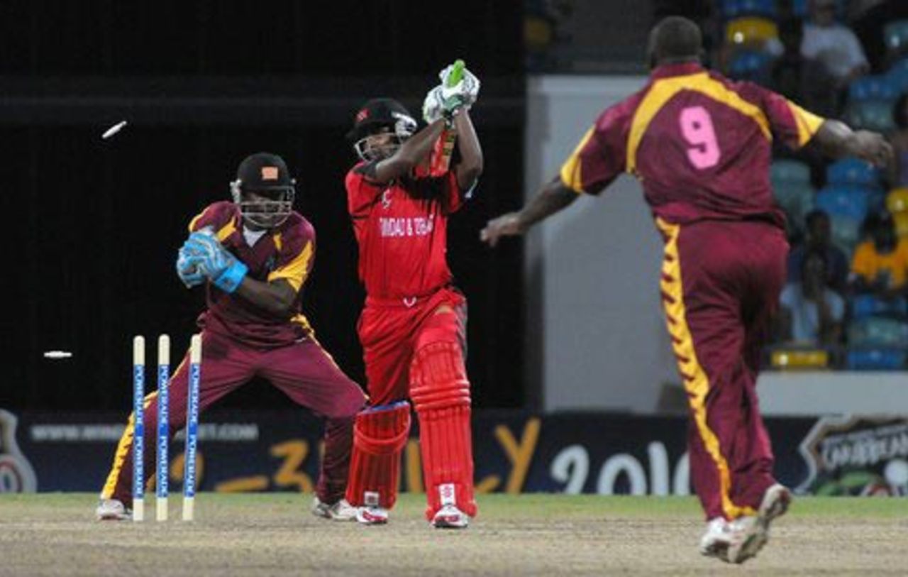 Denesh Ramdin is bowled by Wilden Cornwall, Leewards Islands v Trinidad & Tobago, Caribbean T20, Barbados, July 24, 2010