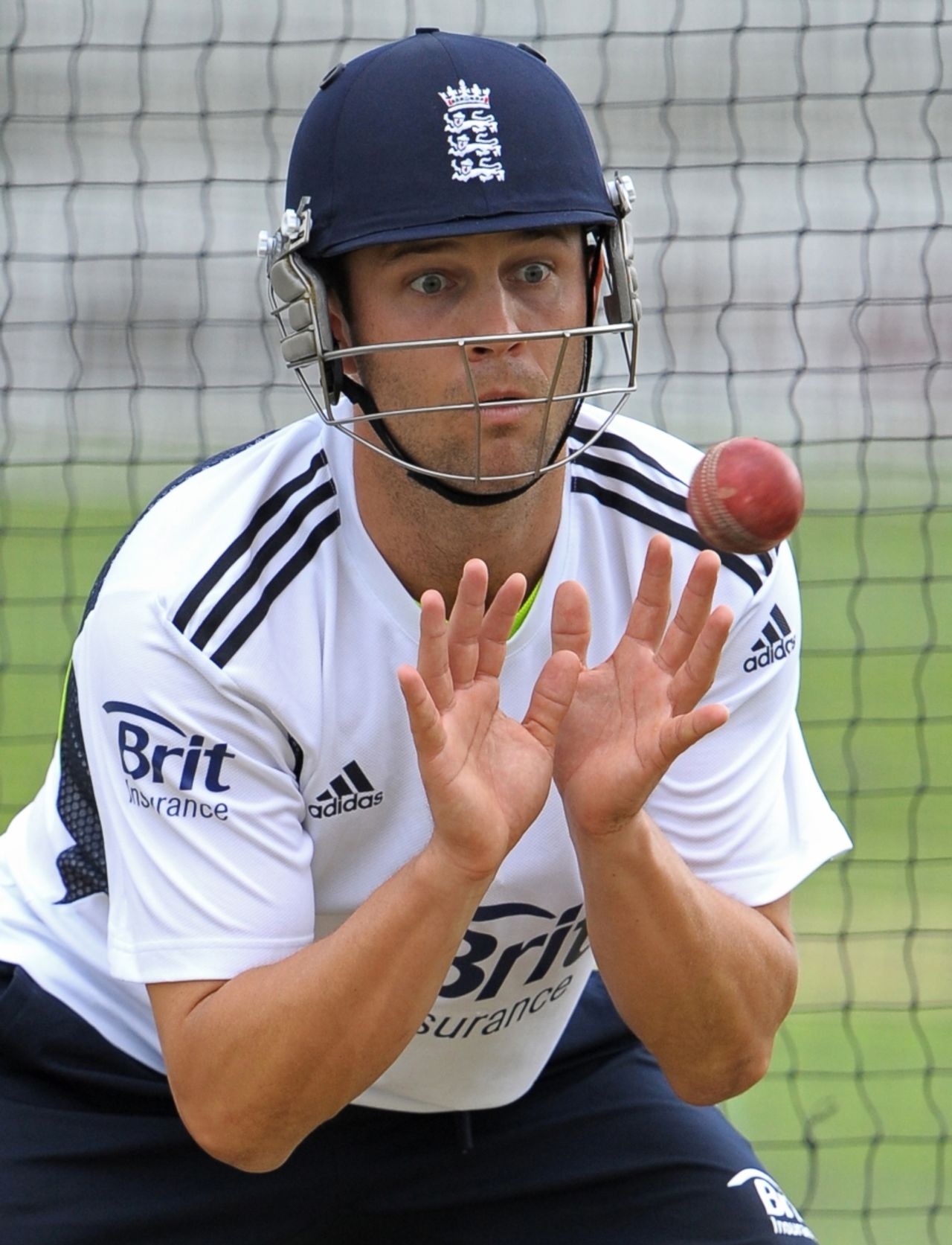 Jonathan Trott keeps his eyes on the ball during England's net practice at Trent Bridge, July 28, 2010