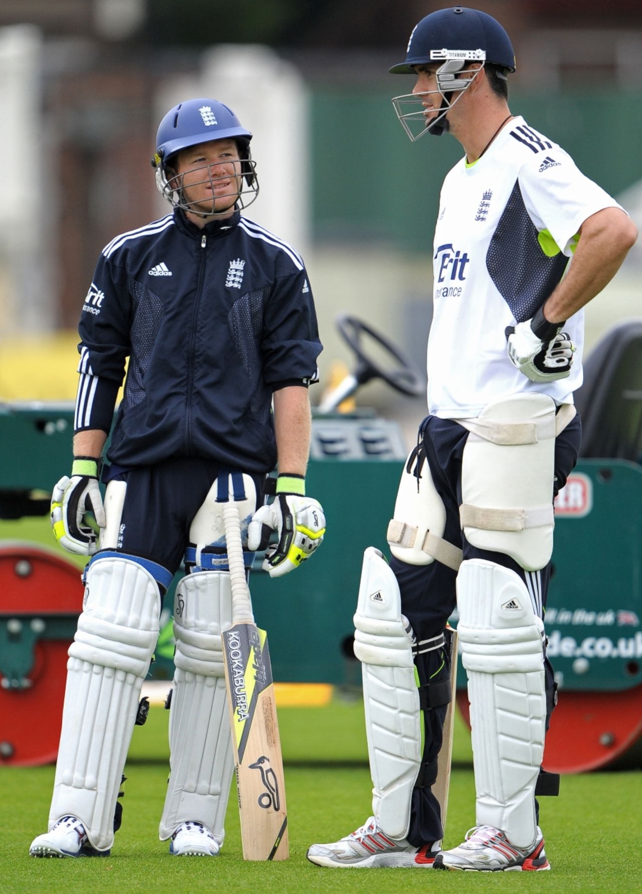 Kevin Pietersen and Eoin Morgan await their turn in the nets during England's practice session, July 28, 2010