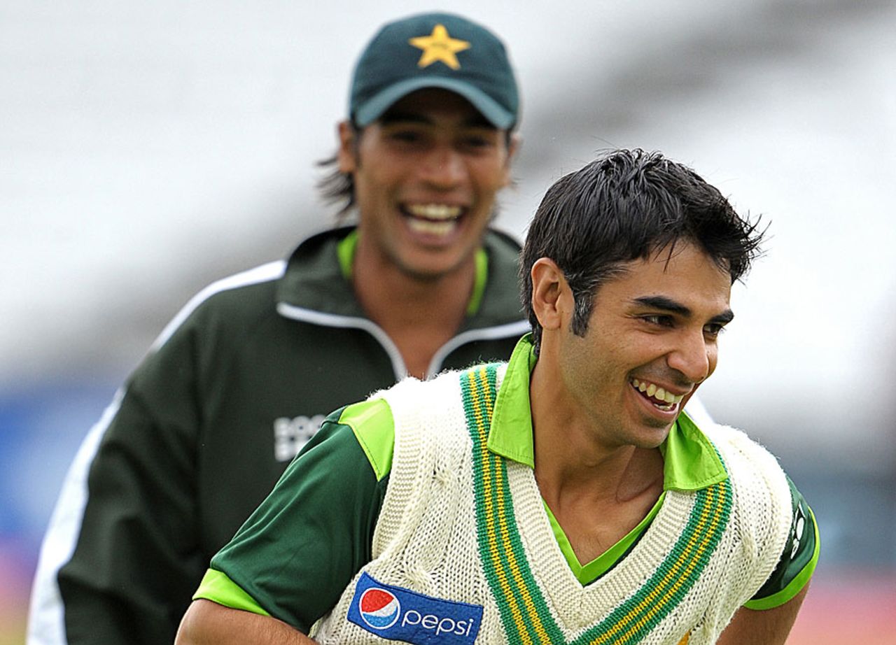 Salman Butt and Mohammad Amir enjoy their training session, Trent Bridge, July 28, 2010