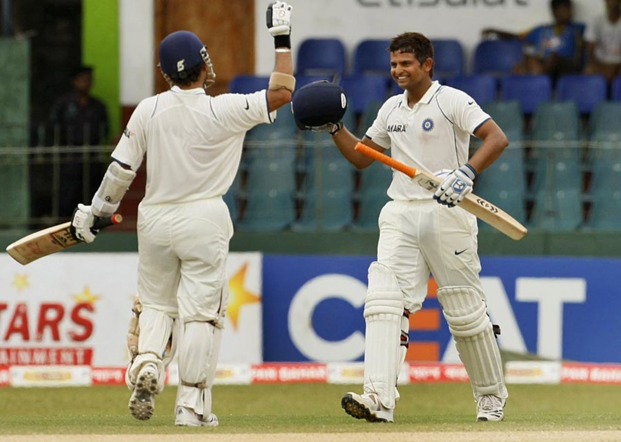 Suresh Raina celebrates his century on debut, Sri Lanka v India, 2nd Test, SSC, 4th day, July 29, 2010