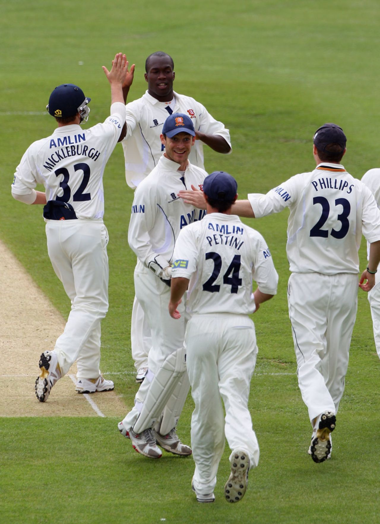 Maurice Chambers is congratulated by his team-mates after removing Rob Key, Kent v Essex, County Championship, Division One, Canterbury, July 29, 2010