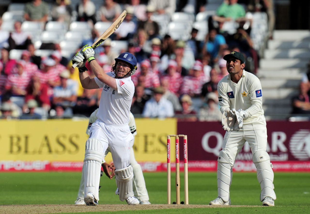 Eoin Morgan launches a straight six off Danish Kaneria to reach his century, England v Pakistan, 1st Test, Trent Bridge, July 29, 2010