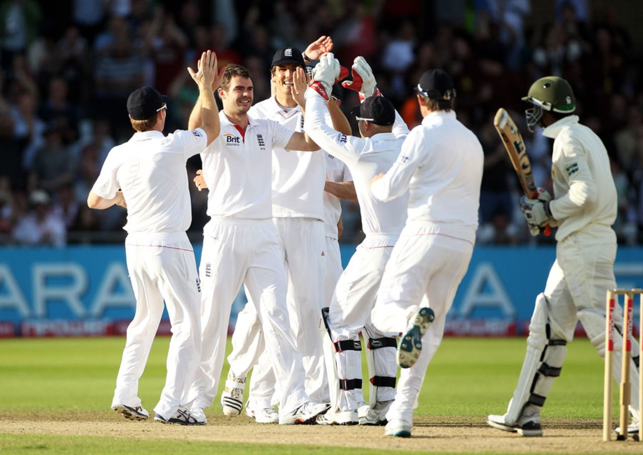 James Anderson is mobbed after trapping Umar Amin lbw, England v Pakistan, 1st Test, Trent Bridge, 3rd day, July 31, 2010