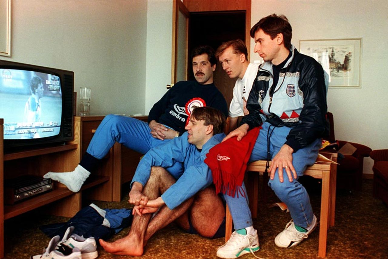 England footballers David Seaman, Paul Merson, Lee Dixon and Alan Smith watch the World Cup final between England and Pakistan, March 25 1992