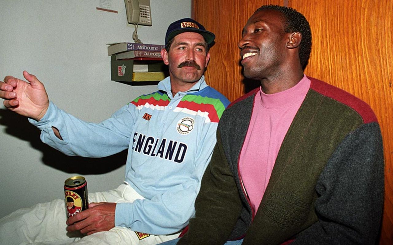Graham Gooch with England athlete Linford Christie, England v West Indies, World Cup, Melbourne, February 27, 1992