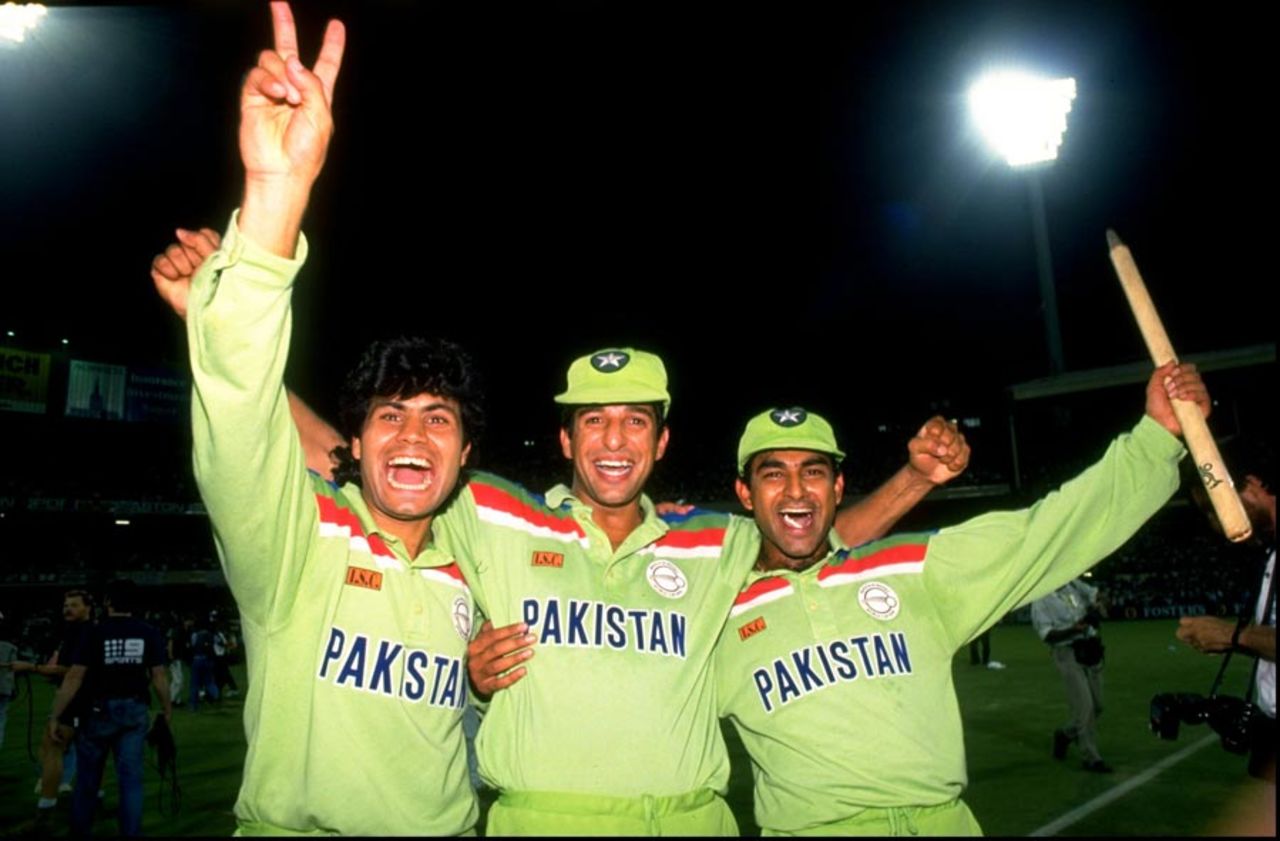 Wasim Akram and Aamer Sohail celebrate the victory, England v Pakistan, World Cup final, Melbourne, March 25, 1992