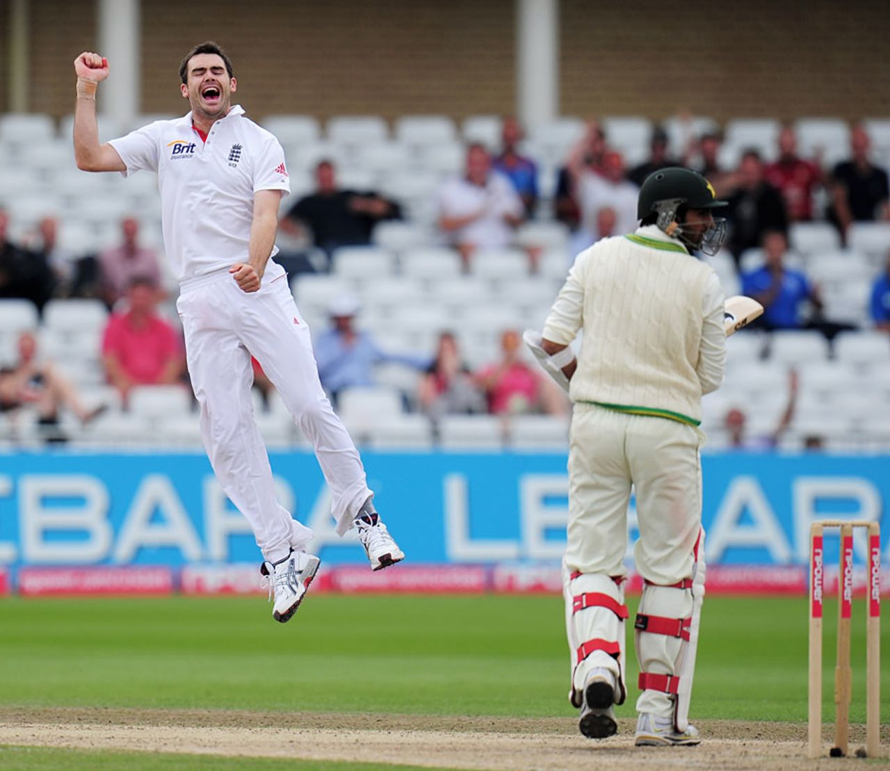 James Anderson sealed his second five-for in the Test and his first ever 10-wicket match haul when he dismissed Shoaib Malik, England v Pakistan, 1st Test, Trent Bridge, 1 August 2010