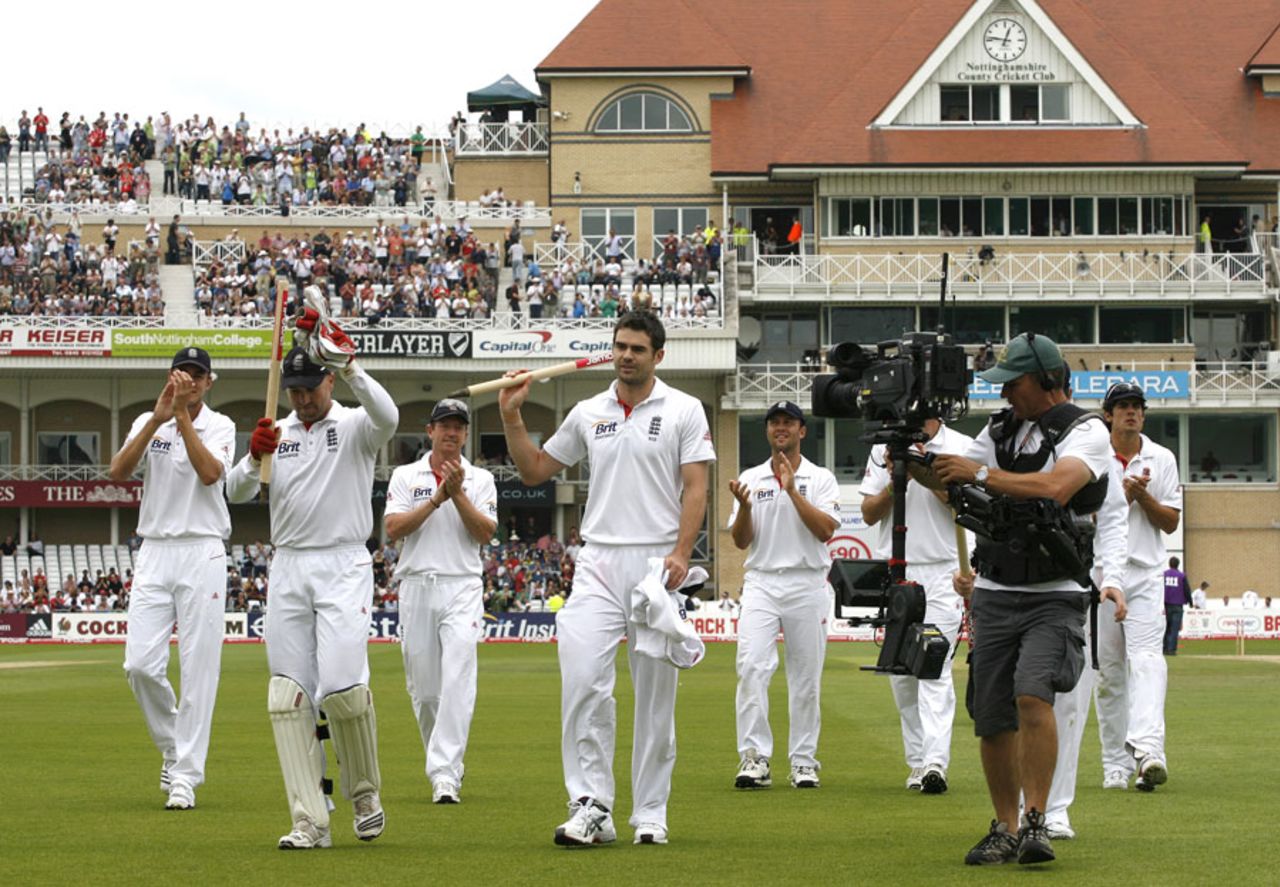 James Anderson leads the England team off after taking 11 wickets in their 354-run win, England v Pakistan, 1st Test, Trent Bridge, 1 August 2010