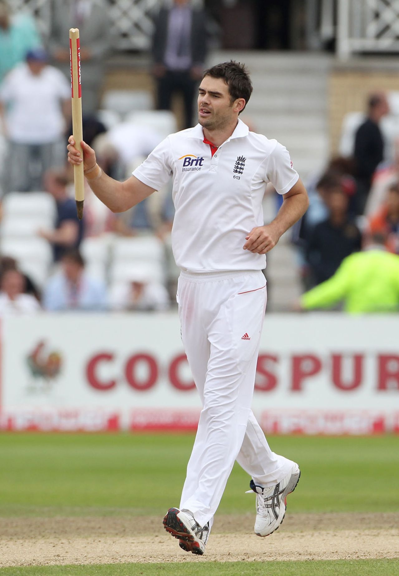 James Anderson collects a stump after taking his 11th wicket and sealing England's win, England v Pakistan, 1st Test, Trent Bridge, 1 August 2010