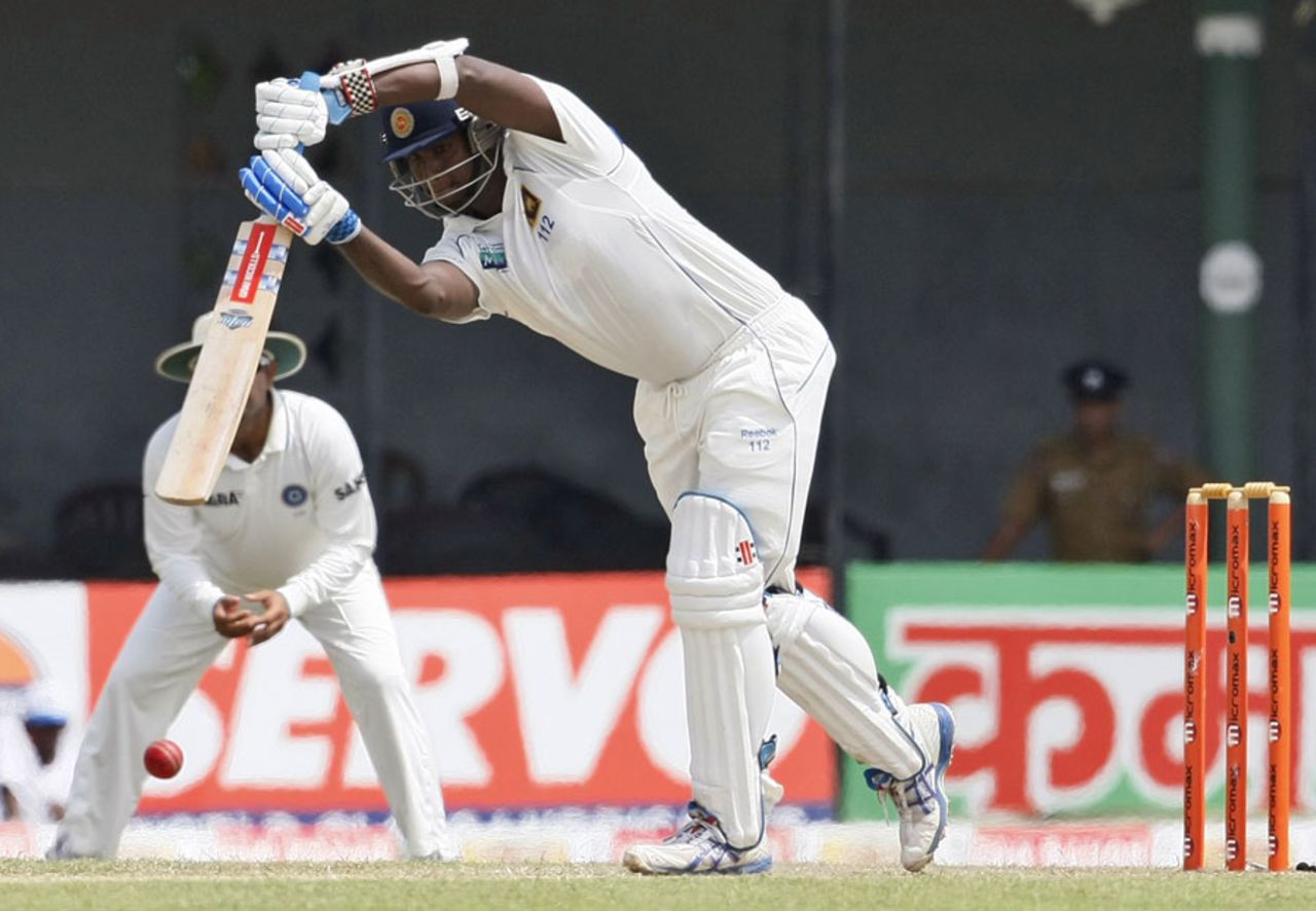 Angelo Mathews punches down the ground during his 45, Sri Lanka v India, 3rd Test, P Sara Oval, 2nd day, August 4, 2010