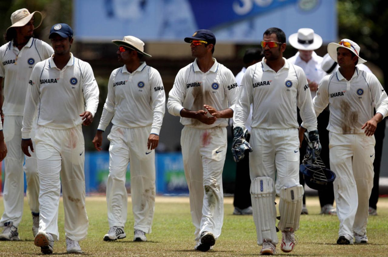 The Indian players walk off after a successful first session, Sri Lanka v India, 3rd Test, P Sara Oval, 4th day, August 6, 2010