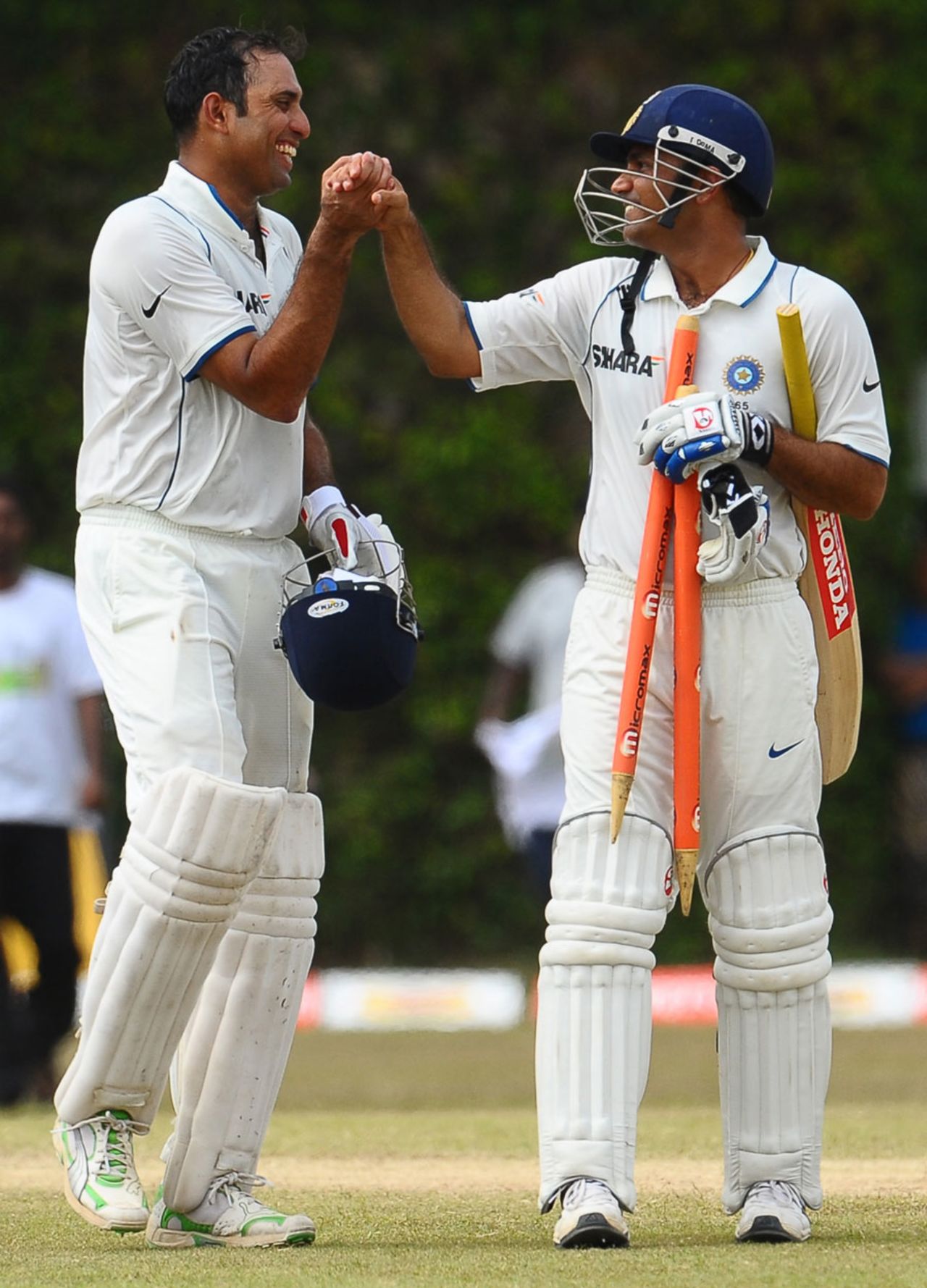 VVS Laxman and Virender Sehwag celebrate India's victory, Sri Lanka v India, 3rd Test, P Sara Oval, 5th day, August 7, 2010