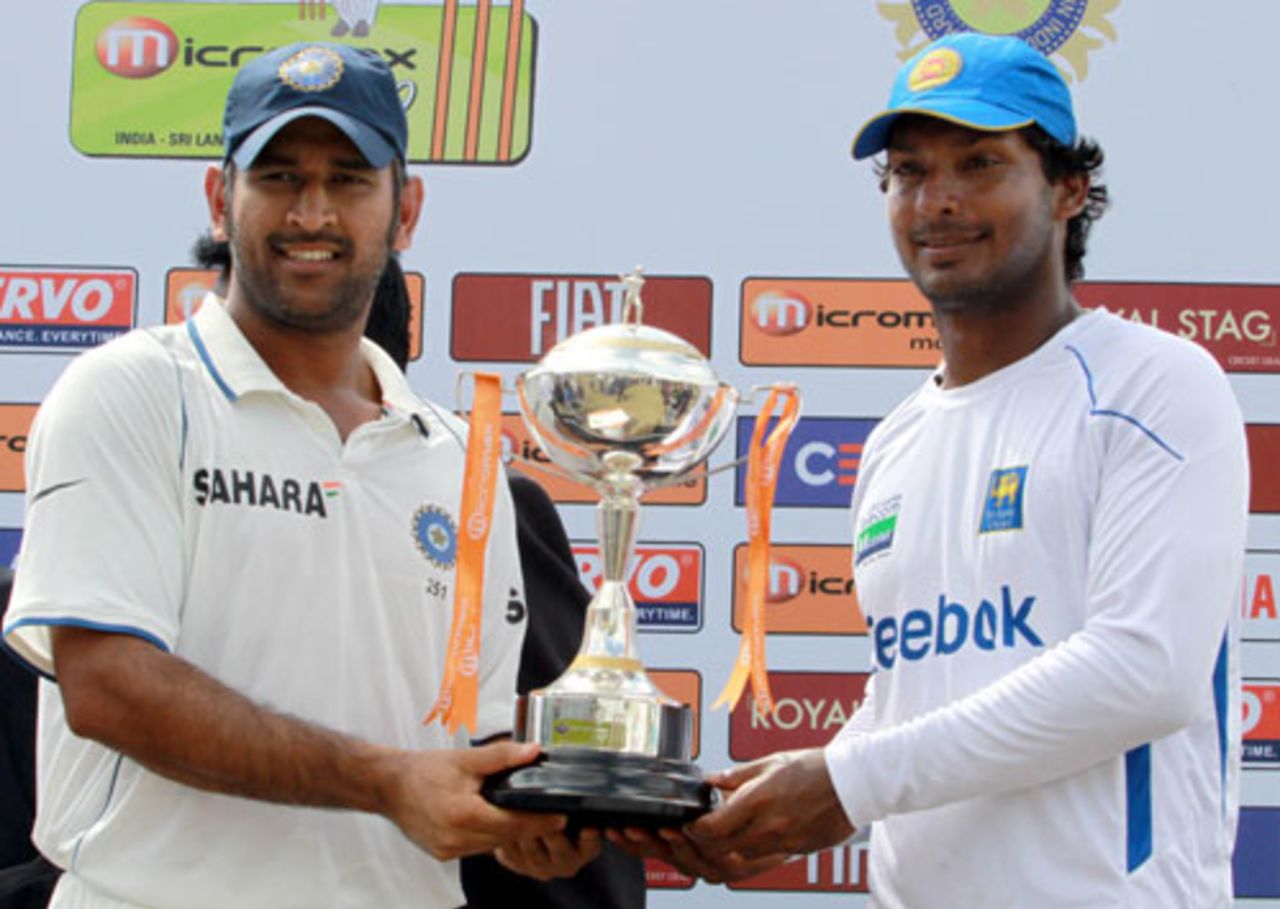 MS Dhoni and Kumar Sangakkara pose with the series trophy, Sri Lanka v India, 3rd Test, P Sara Oval, 5th day, August 7, 2010