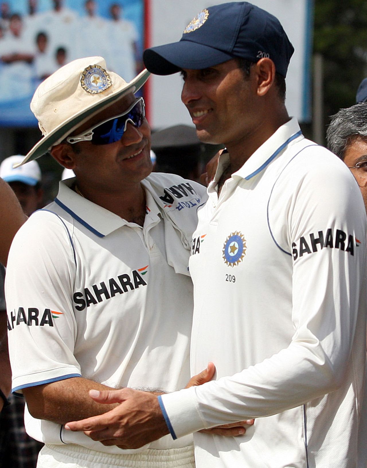 Virender Sehwag congratulates VVS Laxman, Sri Lanka v India, 3rd Test, P Sara Oval, 5th day, August 7, 2010