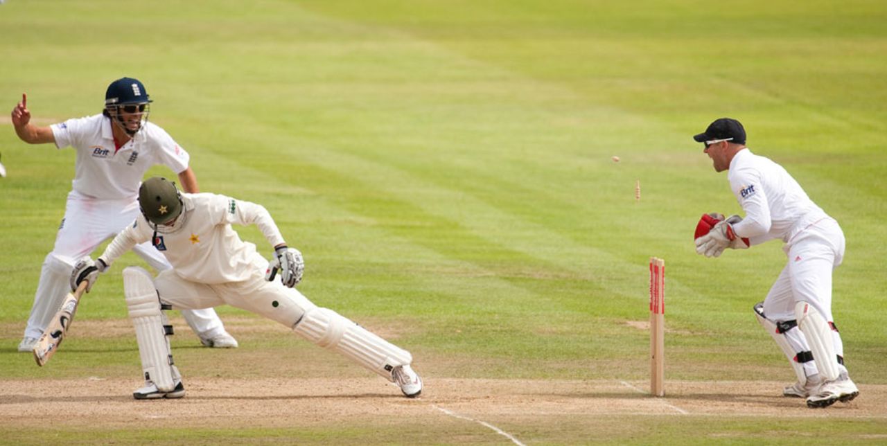 Matt Prior whips off the bails to stump Umar Amin, England v Pakistan, 2nd Test, Edgbaston, August 8, 2010