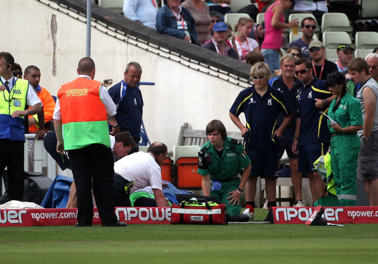 There was a delay after tea after a steward was struck by a falling advertising hoarding, England v Pakistan, 2nd Test, Edgbaston, August 8, 2010