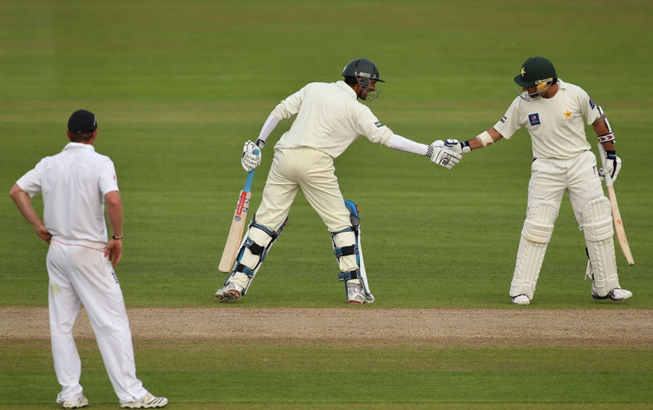 Zulqarnain Haider and Saeed Ajmal congratulate each other on their 100-run partnership, England v Pakistan, 2nd Test, Edgbaston, August 8, 2010
