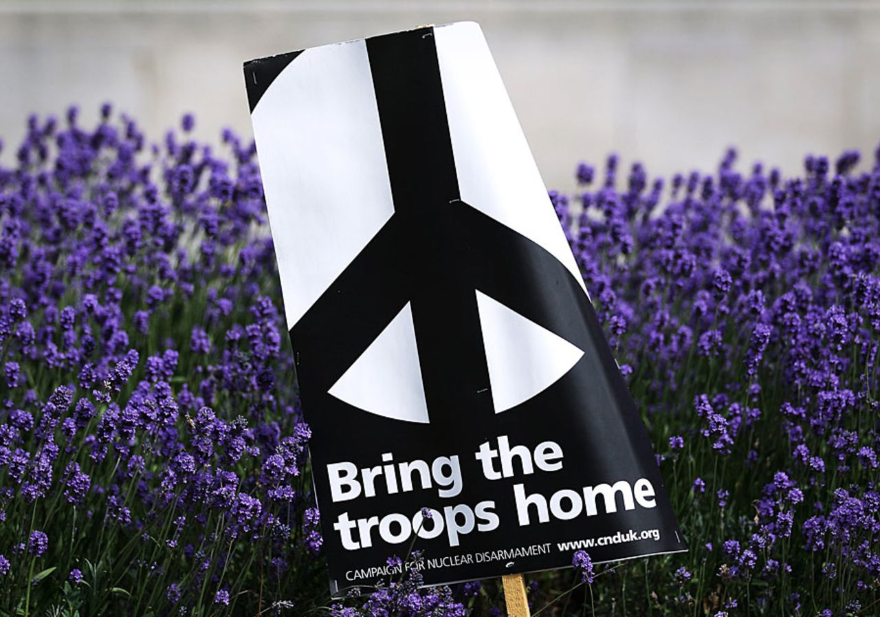 A placard at the peace camp in Parliament Square, London, June 30, 2010