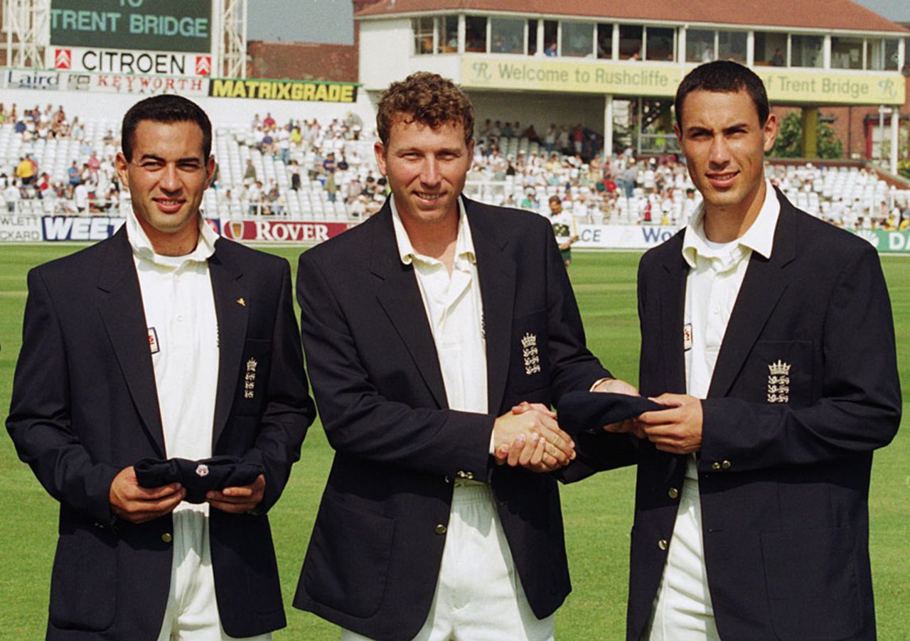 Michael Atherton awards Test caps to brothers Adam (left) and Ben Hollioake, England v Australia, 5th Test, Trent Bridge, 1st day, August 7, 1997