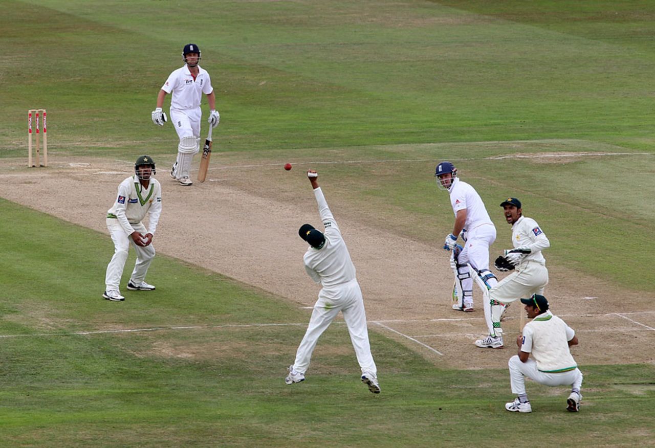Saeed Ajmal was unlucky when his fielders could not take a tough chance offered by Andrew Strauss, England v Pakistan, 2nd Test, Edgbaston, August 9, 2010