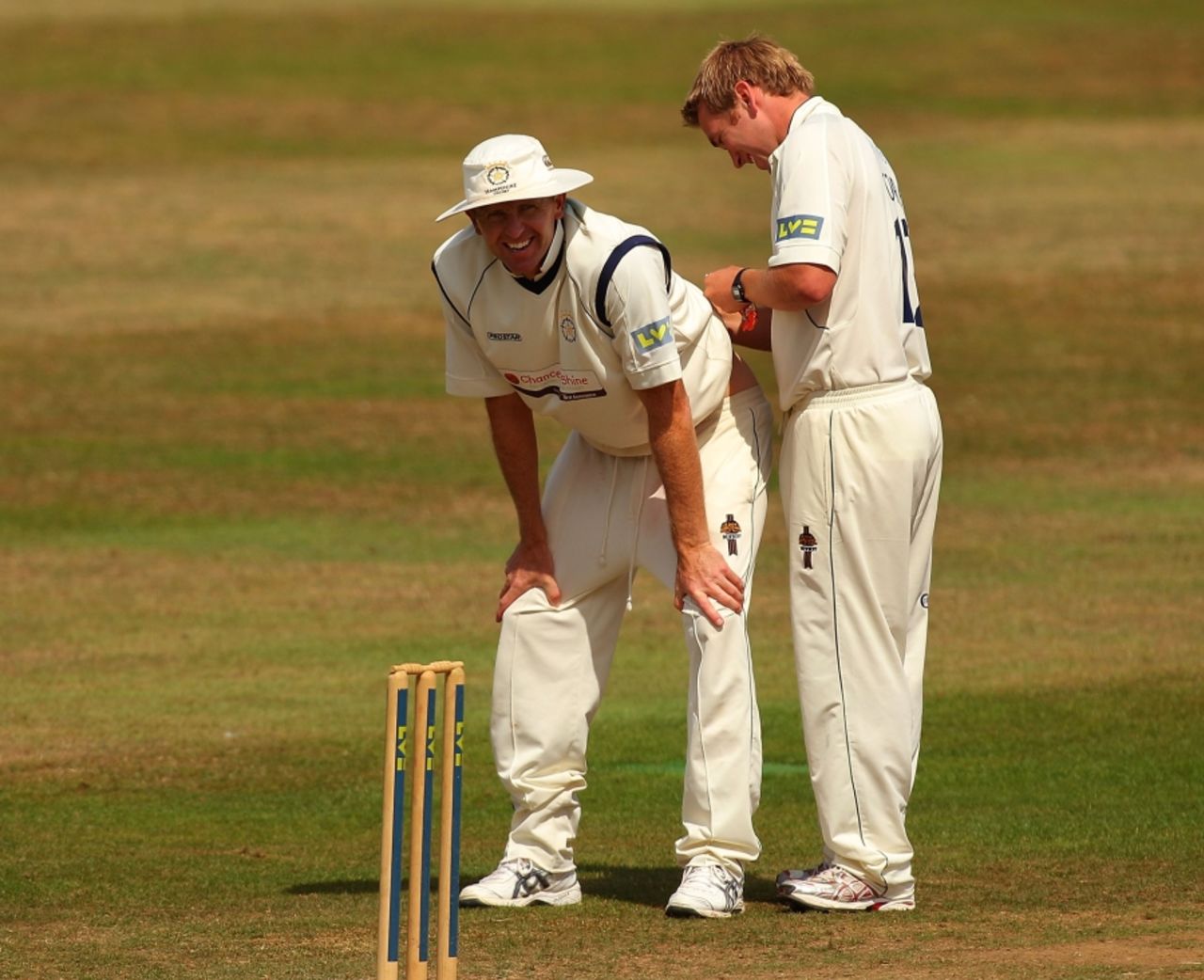 Dominic Cork struggled with a back injury and eventually had to leave the field, Somerset v Hampshire, County Championship Division One, Taunton, August 11 2010