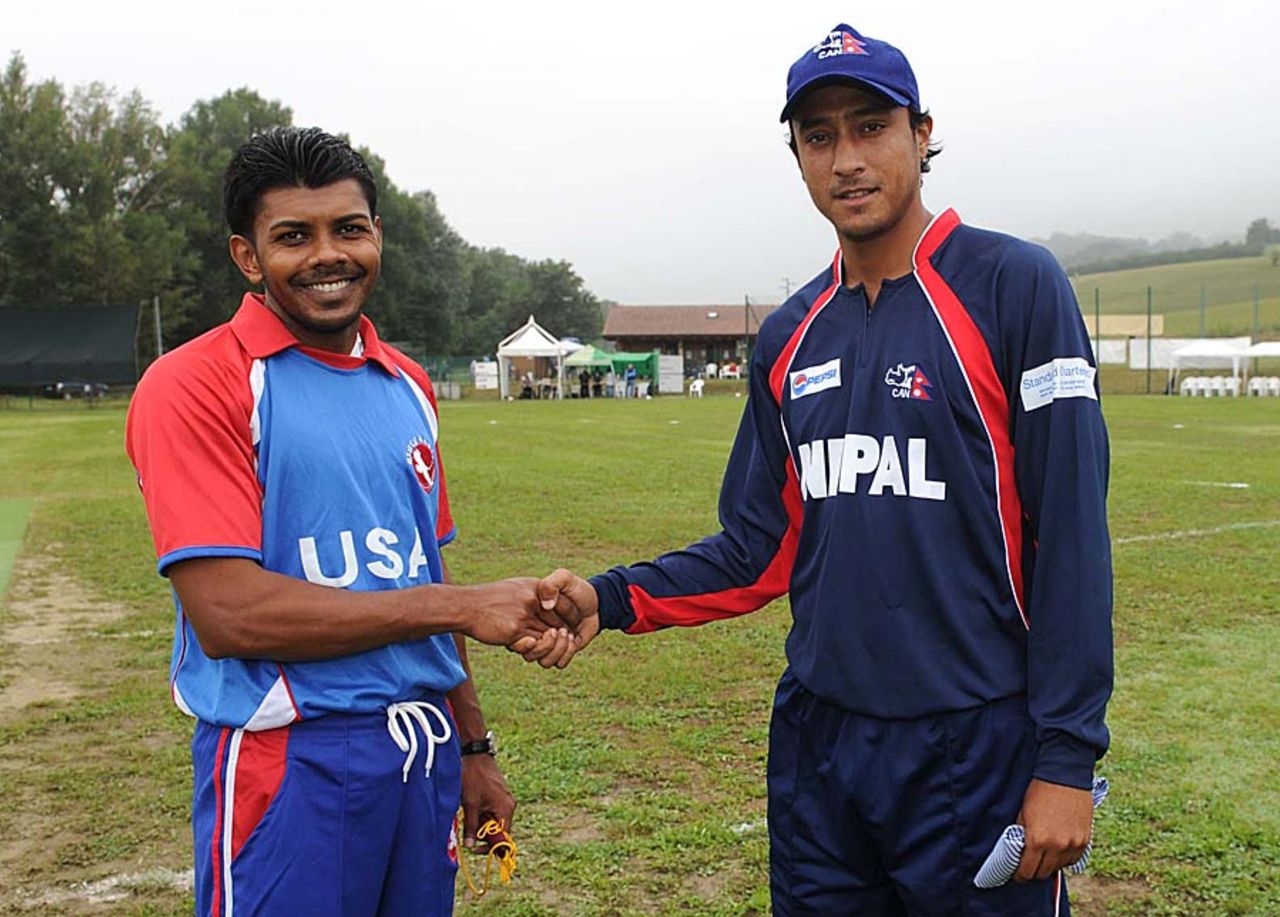 Steve Massiah and Paras Khadka at the toss, USA v Nepal, ICC World Cricket League Division 4, Pianoro, August 14, 2010