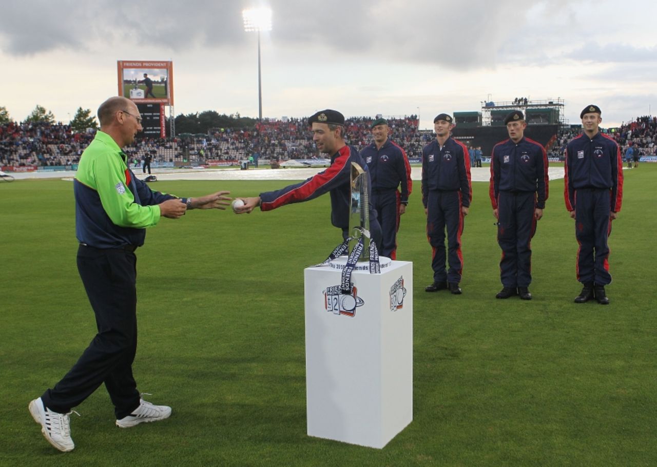 The match ball for the final is presented after arriving by parachute ahead of the game , Hampshire v Somerset, FP t20 Final, Rose Bowl, August 14 2010