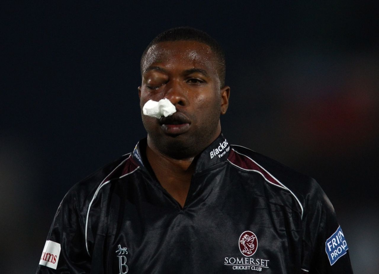 Despite being struck in the face by a bouncer from Dominic Cork Kieron Pollard was able to leave the field unassisted, Hampshire v Somerset, FP t20 Final, Rose Bowl, August 14 2010
