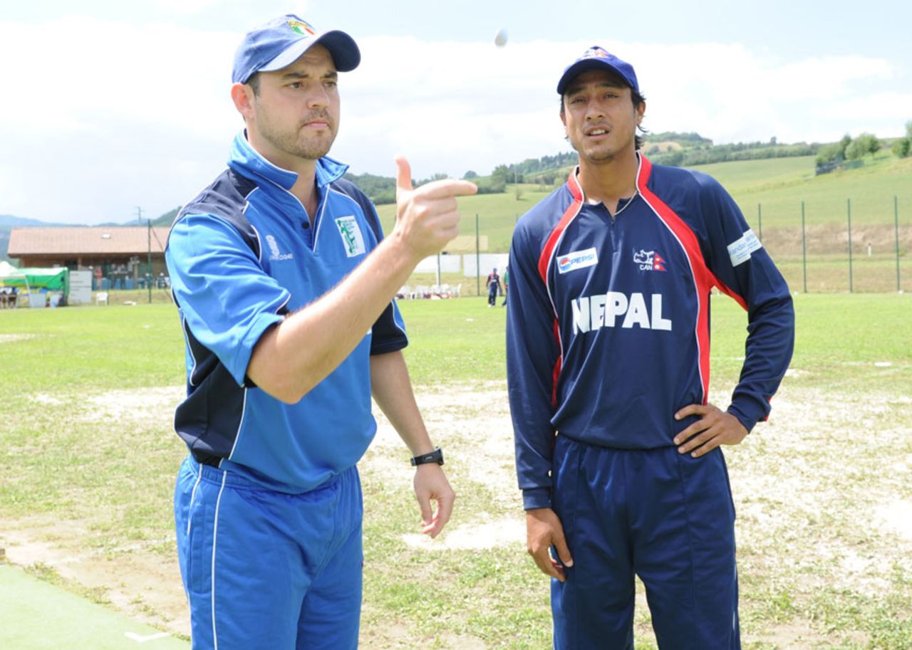 Italy captain Alessandro Bonora and Nepal captain Paras Khadka at the toss ahead of their ICC WCL Division Four match, Italy v Nepal, ICC World Cricket League Division Four, Pianoro, August 15, 2010